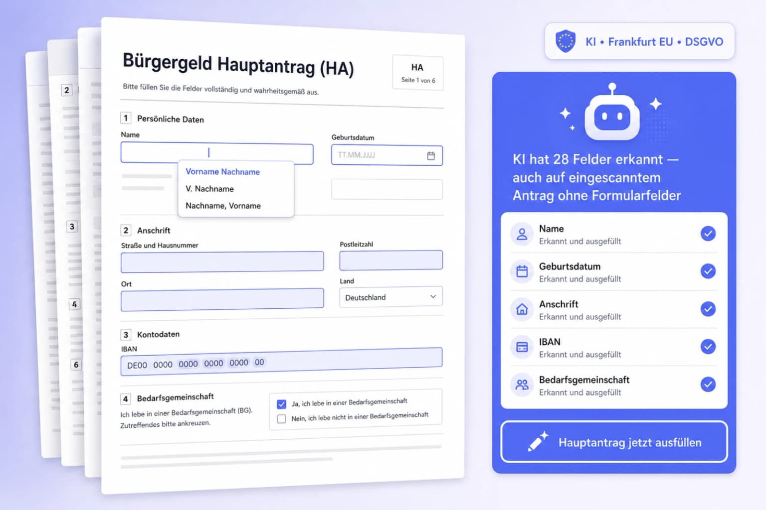 iFillPDF Web-App füllt den Bürgergeld Hauptantrag (HA) SGB II online aus: eingescannter Jobcenter-Antrag mit KI-erkannten Feldern für Name, Anschrift, IBAN und Bedarfsgemeinschaft, Badge Frankfurt EU DSGVO