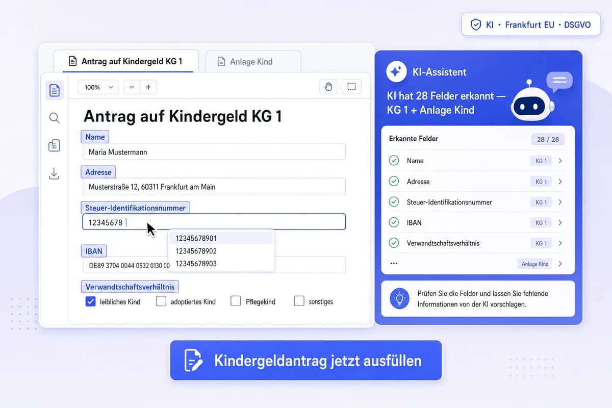 iFillPDF Web-App zum Kindergeldantrag KG 1 online ausfüllen: deutscher Antrag der Familienkasse mit KI-erkannten Feldern Steuer-ID und IBAN, Anlage Kind als zweiter Tab, Badge Frankfurt EU DSGVO