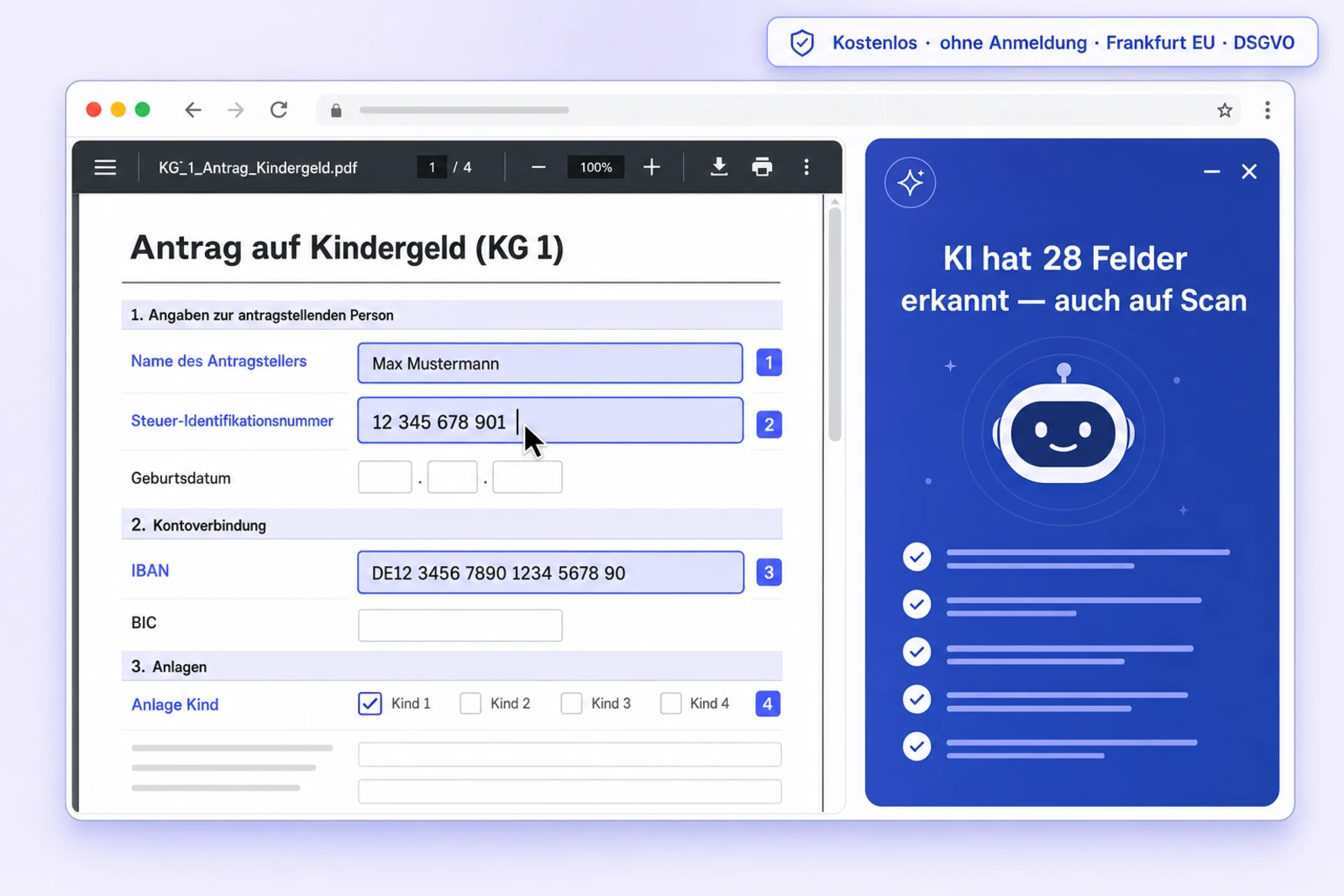 Kindergeldantrag KG 1 online ausfüllen mit iFillPDF: deutsches Antragsformular der Familienkasse im Browser, KI erkennt 28 Felder inklusive Steuer-ID und IBAN, Badge kostenlos ohne Anmeldung Frankfurt EU DSGVO