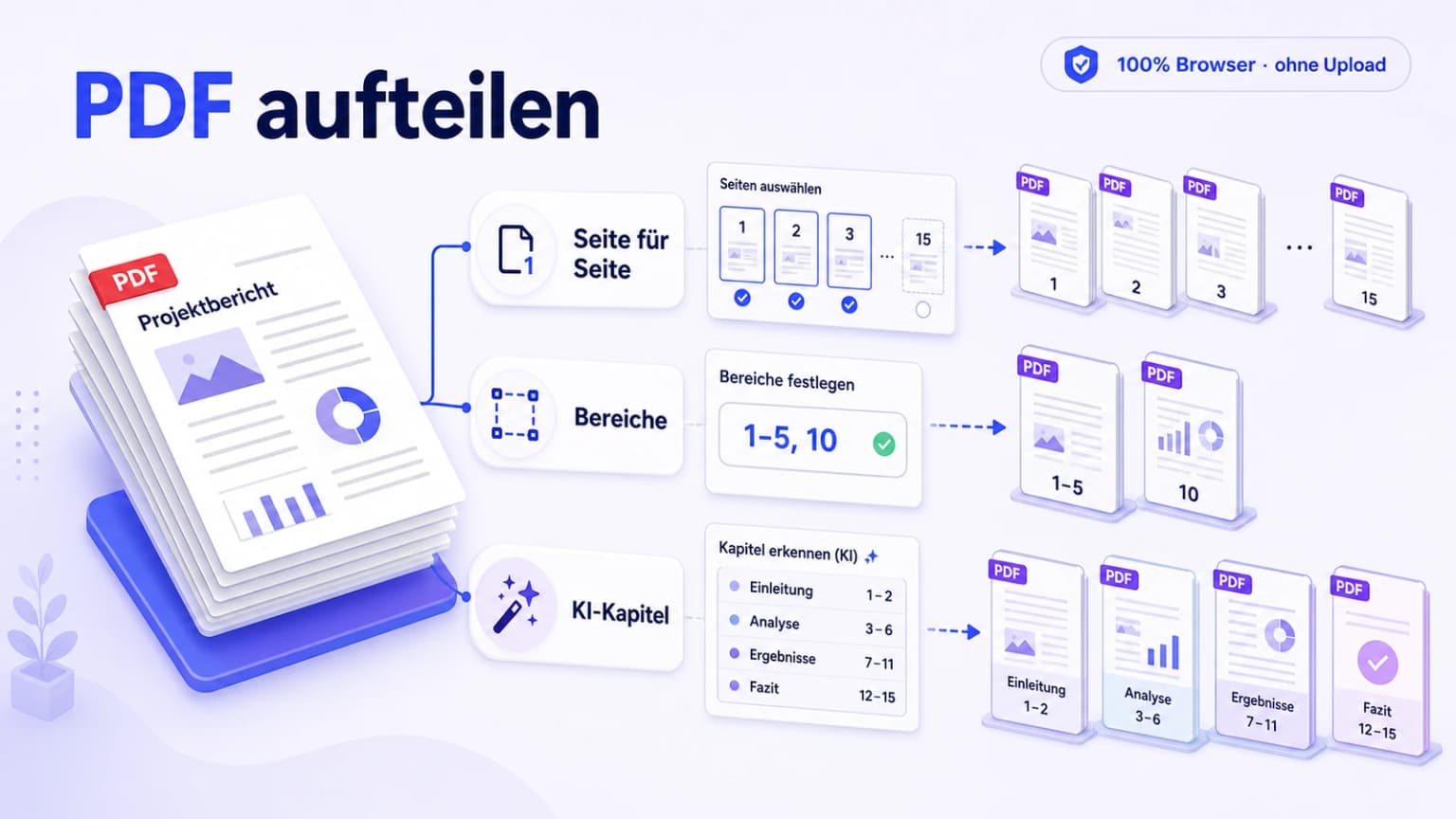 Isometrische Illustration zum PDF aufteilen, teilen und trennen mit drei Modi (Seite für Seite, Bereiche, KI-Kapitel) im indigo-violetten iFillPDF-Stil ohne Server-Upload
