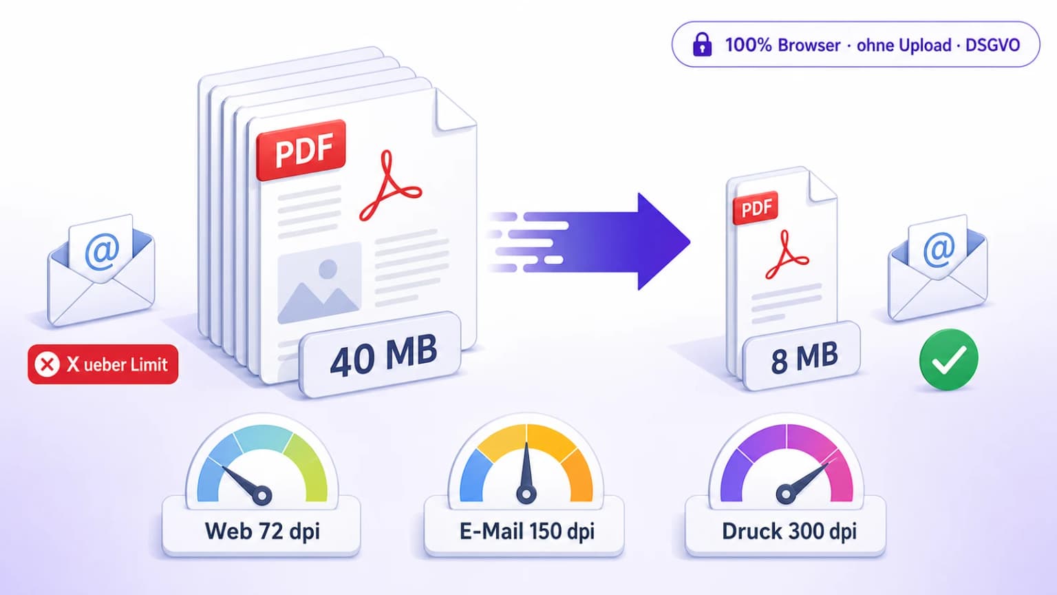 Illustration PDF komprimieren und verkleinern im Browser — 40 MB PDF wird auf 8 MB reduziert für Gmail/Outlook Anhang, drei Qualitätsstufen Web 72 dpi, E-Mail 150 dpi, Druck 300 dpi, 100% lokal ohne Server-Upload