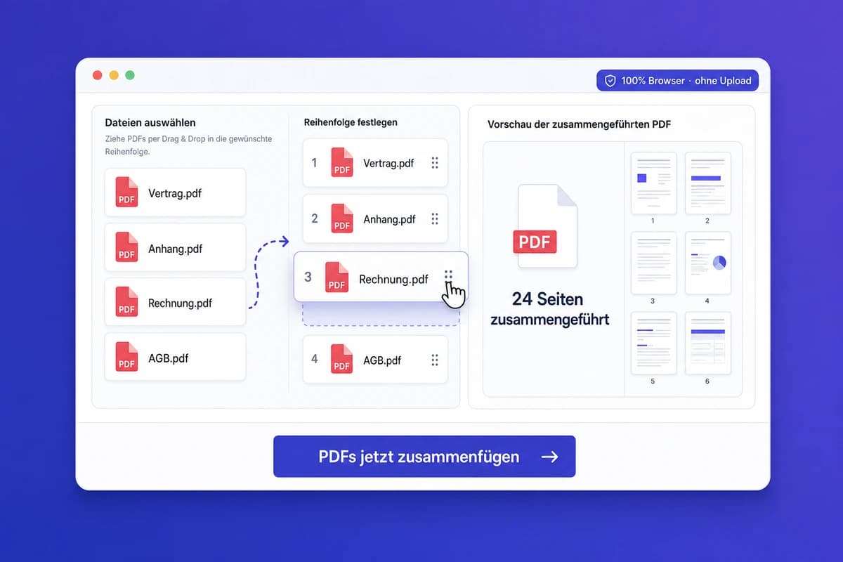 iFillPDF Web-App-Oberfläche zum PDF zusammenfügen: 4 hochgeladene PDFs (Vertrag, Anhang, Rechnung, AGB) mit Drag-and-Drop zum Umordnen, Vorschau der kombinierten Datei 24 Seiten, Badge 100% Browser ohne Upload