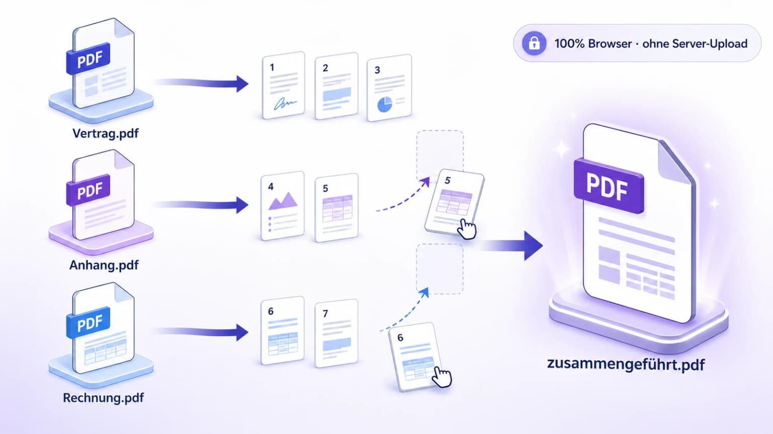 Illustration mehrere PDFs in eine Datei zusammenfügen im Browser — drei PDF-Dokumente (Vertrag, Anhang, Rechnung) werden per Drag-and-Drop zu einer Datei kombiniert, 100% lokal ohne Server-Upload