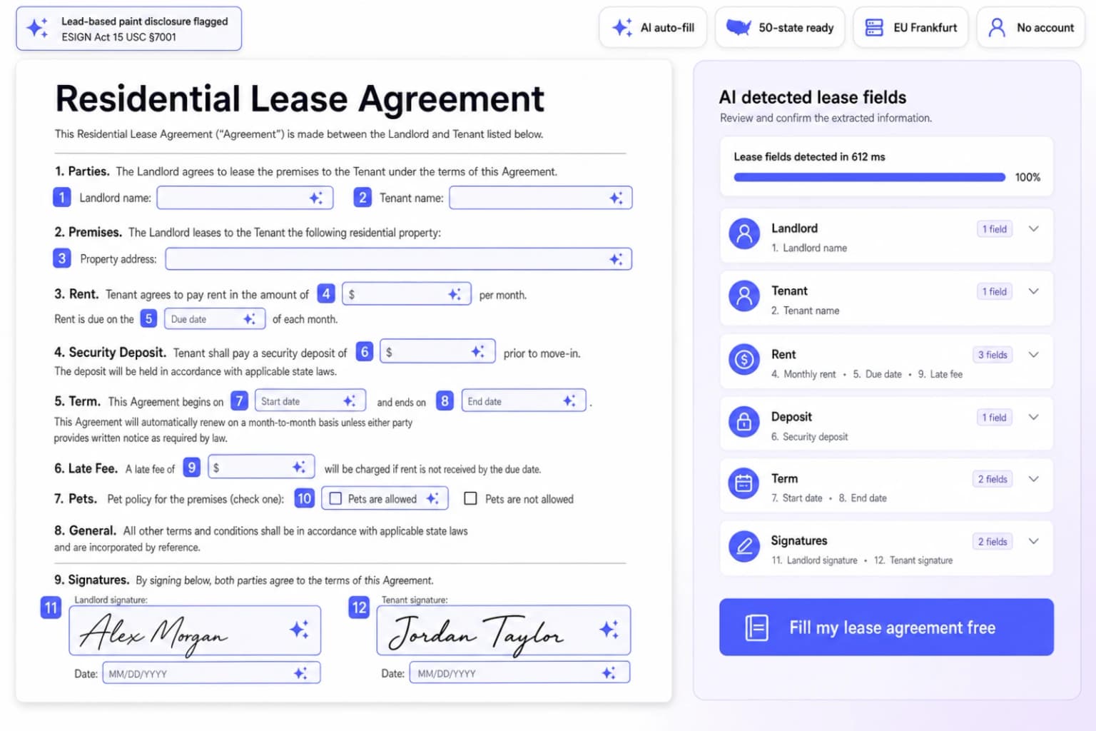 iFillPDF web app auto-filling a US residential lease agreement — landlord and tenant names, monthly rent, security deposit, lease term dates, late fee and two signature zones auto-detected in 612 ms by AI vision pass, with 50-state ready, EU Frankfurt hosting, no account and lead-based paint disclosure flagged, ESIGN Act 15 USC §7001 e-signature, CTA Fill my lease agreement free