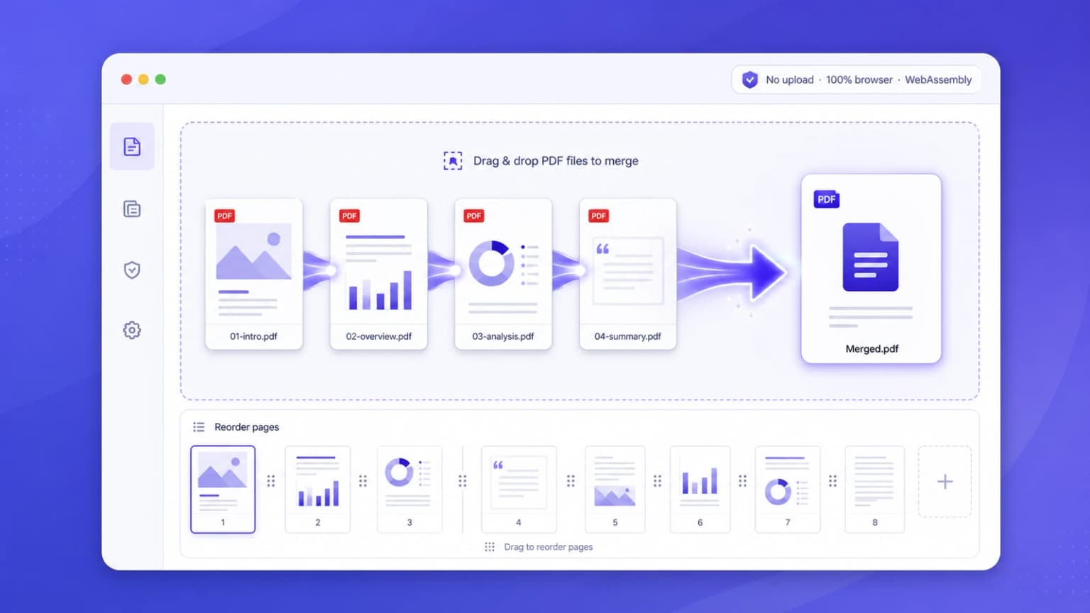 Merge PDF online free hero — iFillPDF web app combining multiple PDFs into one in browser with WebAssembly, no upload, visual reorder