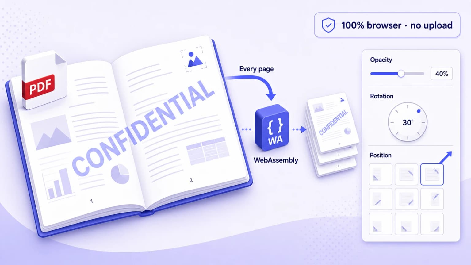Add watermark to PDF online free hero — iFillPDF web app stamping text or logo watermark across every page with adjustable opacity, rotation and per-page targeting, browser WebAssembly, no upload