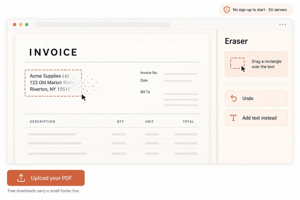 iFillPDF browser editor removing text from a PDF invoice: a drag rectangle over an outdated address block erases the text while the paper background rebuilds behind it, with an eraser side panel and an Upload your PDF button