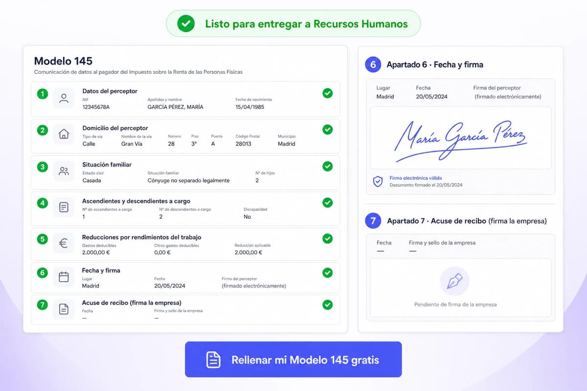 Modelo 145 completado en iFillPDF con los 7 apartados validados, apartado 6 fecha y firma con firma electrónica, apartado 7 acuse de recibo que firma la empresa, listo para entregar a Recursos Humanos, con botón Rellenar mi Modelo 145 gratis