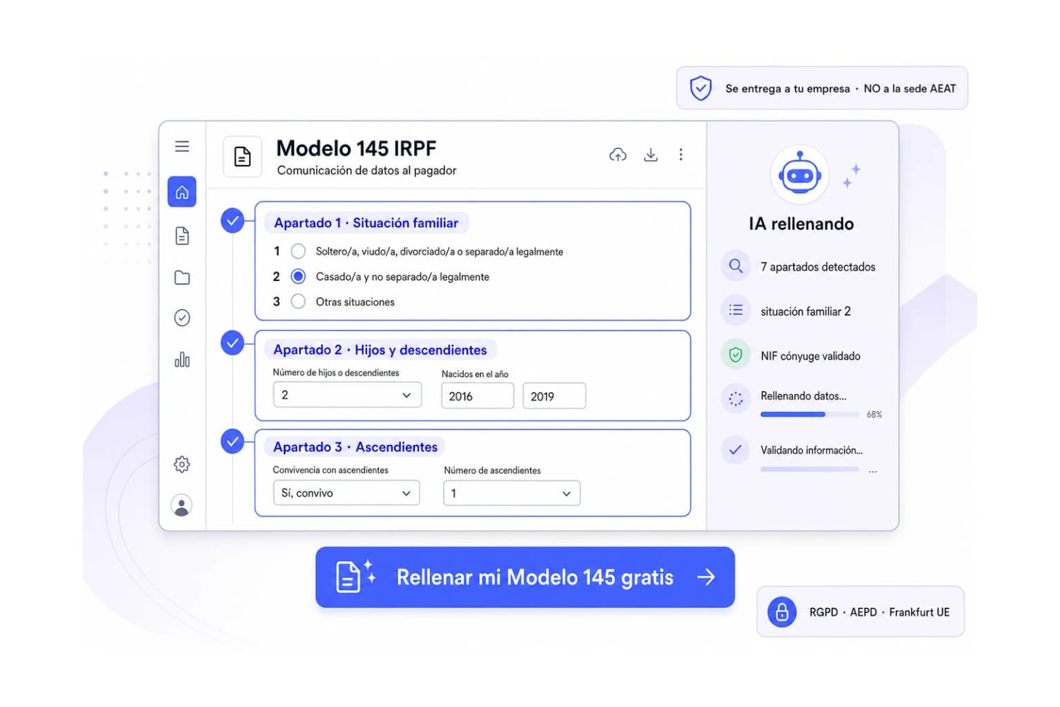 Interfaz de iFillPDF rellenando el Modelo 145 del IRPF: apartado 1 situación familiar, apartado 2 hijos y descendientes, apartado 3 ascendientes, IA detectando los 7 apartados y validando el NIF del cónyuge, aviso de que se entrega a la empresa y no a la sede de la AEAT, conforme RGPD AEPD Frankfurt UE