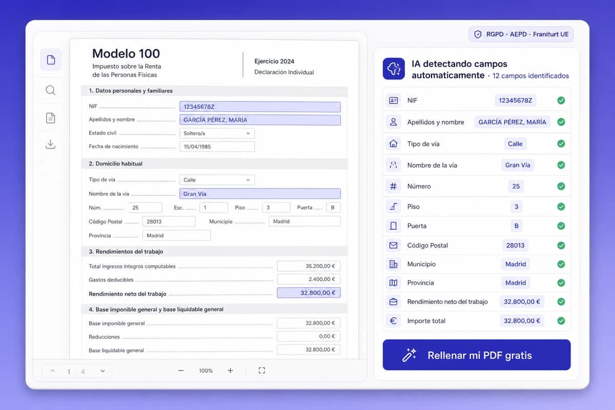 Interfaz iFillPDF rellenando formulario AEAT Modelo 100 IRPF: 18 campos detectados por IA (NIF letra control, nombre, dirección, referencia catastral, IBAN ISO 13616, importe IVA), tipo AcroForm ISO 32000-2:2020 PDF 2.0, Tagged PDF WCAG 2.1 AA, exportable PDF/A-3 ISO 19005-3, badge RGPD AEPD ENS RD 311/2022 Frankfurt UE anti-Schrems II, DNIe FNMT-RCM Cl@ve PIN AutoFirma 1.8.3