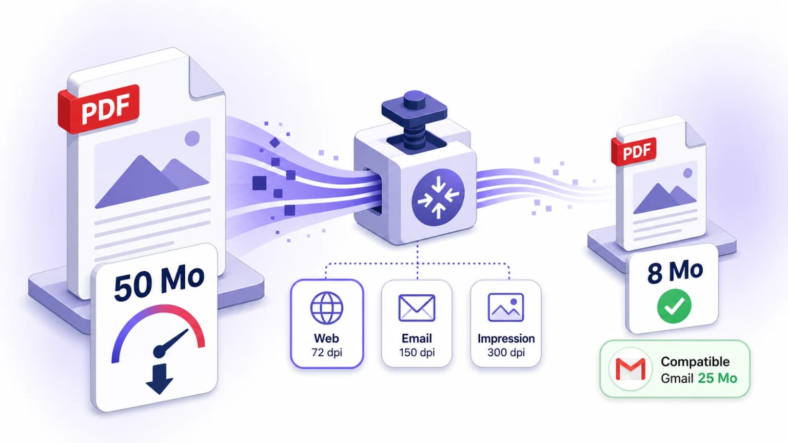 Illustration compression PDF : fichier 50 Mo réduit à 8 Mo avec choix qualité (Web 72 dpi, Email 150 dpi, Impression 300 dpi), passe sous la limite Gmail 25 Mo, traitement local
