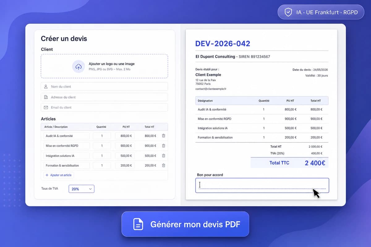 Interface mockup iFillPDF générateur modèle de devis PDF DEV-2026-042 : champs SIRET 821 456 789 00012 + APE 4322A plomberie + validité 3 mois + client EI Dupont SIREN 891 234 567 + ligne installation chauffe-eau 200L PU HT 980€ TVA 10% travaux logement total TTC 1 078€ mis en indigo, panneau IA suggérant mention bon pour accord Cass. crim. 11.01.2017 + TVA 10% CGI art. 279-0 bis + acompte 30% + assurance décennale L.241-1 + délai Loi LME 60 jours + pénalités 10,71% + indemnité 40€ + rétractation 14j L.221-18, options export PDF/A-3 + conversion Factur-X 1.0.07 + signature eIDAS qualifiée + envoi PPF DGFiP, badges IA UE Frankfurt RGPD eIDAS, CTA Générer mon modèle de devis PDF