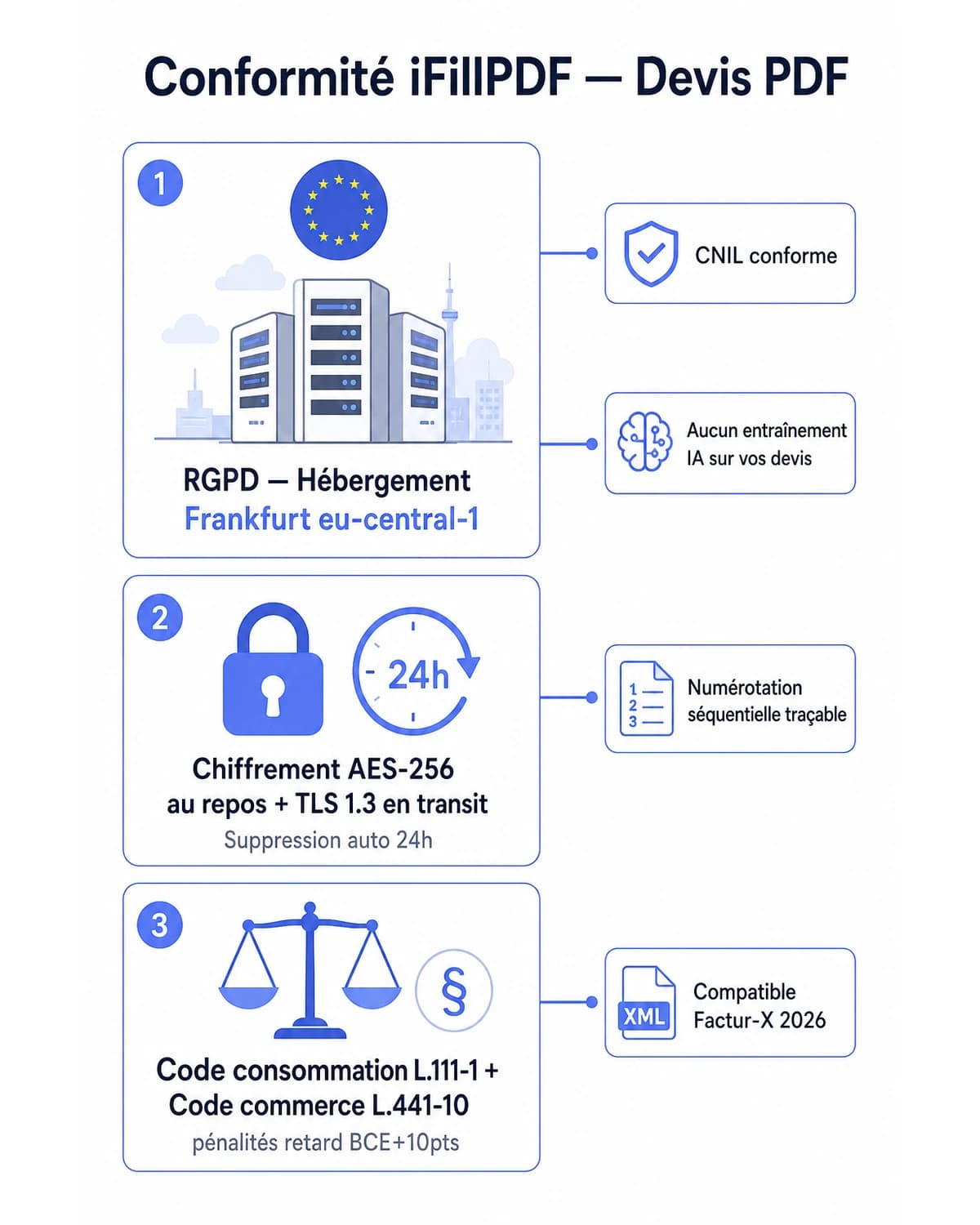 Infographie conformité iFillPDF modèle de devis PDF : Hetzner Frankfurt eu-central-1 anti-Schrems II immunité Cloud Act FISA 702, chiffrement AES-256-GCM TLS 1.3 horodatage RFC 3161 eIDAS qualifié, art. L.111-1 Code conso + arrêté 17.03.2015 art. 7 + arrêté 02.03.1990 BTP > 150€ + jurisprudence Cass. crim. 11.01.2017 nullité contrat sans devis signé, conversion Factur-X 1.0.07 ZUGFeRD 2.3 PDF/A-3 UBL 2.1 Chorus Pro PPF PDP, réforme facturation électronique 2026-2027, CNIL ANSSI conservation 10 ans L.123-22, aucun entraînement IA