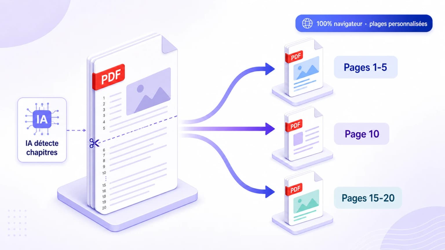 Illustration division PDF en plusieurs fichiers : extraction par plages personnalisées (1-5, 10, 15-20) avec détection IA des chapitres, traitement 100% local dans le navigateur