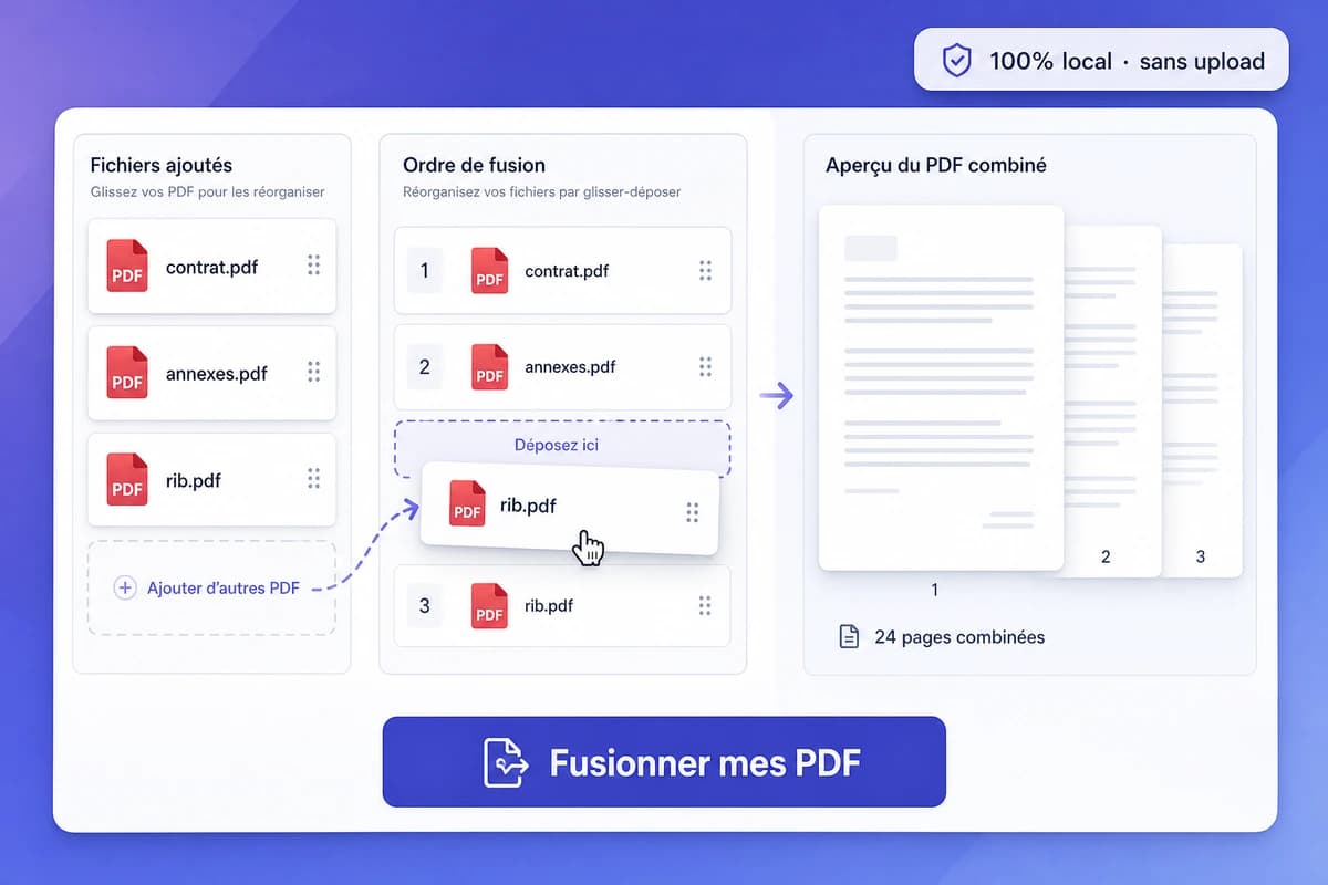 Interface iFillPDF de fusion PDF : 4 PDF uploadés (contrat-prestation 12p, annexes-techniques 8p, CGV-2026 3p, RIB-BNP 1p) avec drag-and-drop indigo pour réordonner, aperçu du PDF combiné 24 pages 4,2 Mo ISO 32000-2:2020 PDF 2.0, signets reconstruits hyperliens préservés AcroForm éditable, badge 100% navigateur sans upload vérifiable DevTools, compatible Chrome 90+ Safari 15+ iOS 16+ Android 11+, conforme secret professionnel art. 226-13 Code pénal