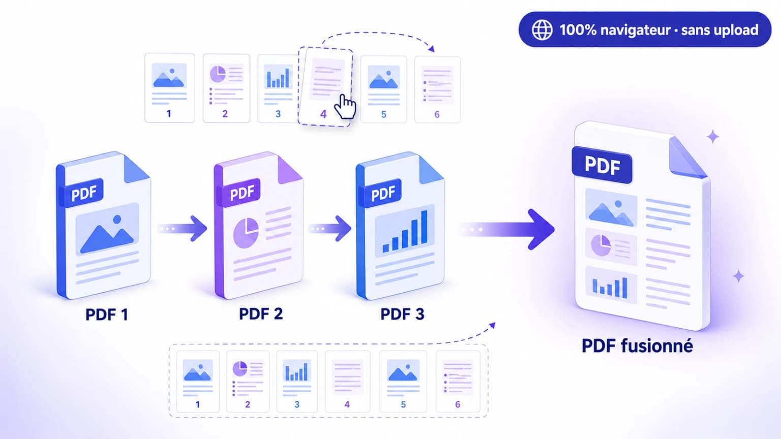 Illustration fusion de plusieurs PDF en un seul fichier via WebAssembly + PDF-lib ISO 32000-2:2020 dans le navigateur iFillPDF — réorganisation drag-and-drop des pages contrat annexes RIB, traitement 100% local sans upload serveur, brand iFillPDF Indigo Purple