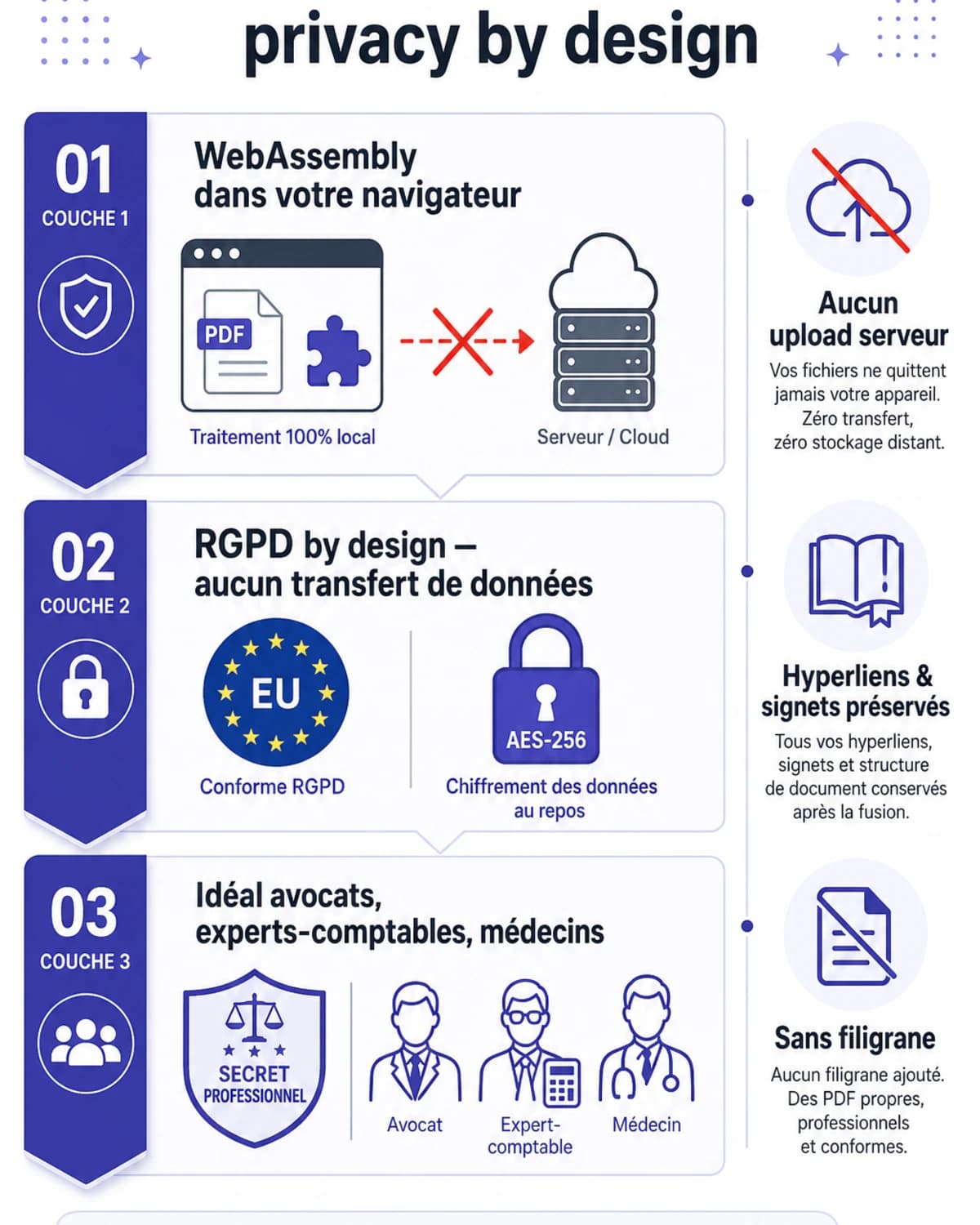 Infographie compliance iFillPDF Fusionner PDF : WebAssembly + PDF-lib 100% navigateur Chrome 90+ Safari 15+ Firefox 88+ Edge 90+, aucun upload serveur vérifiable DevTools Network, RGPD art. 25 by design sans DPA art. 28, aucun transfert Schrems II ni CLOUD Act US, conforme secret professionnel art. 226-13 Code pénal (1 an + 15 000€) avocats, art. L. 822-15 Code de commerce experts-comptables, art. L. 1110-4 CSP médecins, art. L. 511-33 CMF banquiers, art. 66-5 loi 1971 avocat-client, hyperliens signets Catalog Outlines préservés, AcroForm XFA éditables après fusion, ISO 32000-2:2020 PDF 2.0