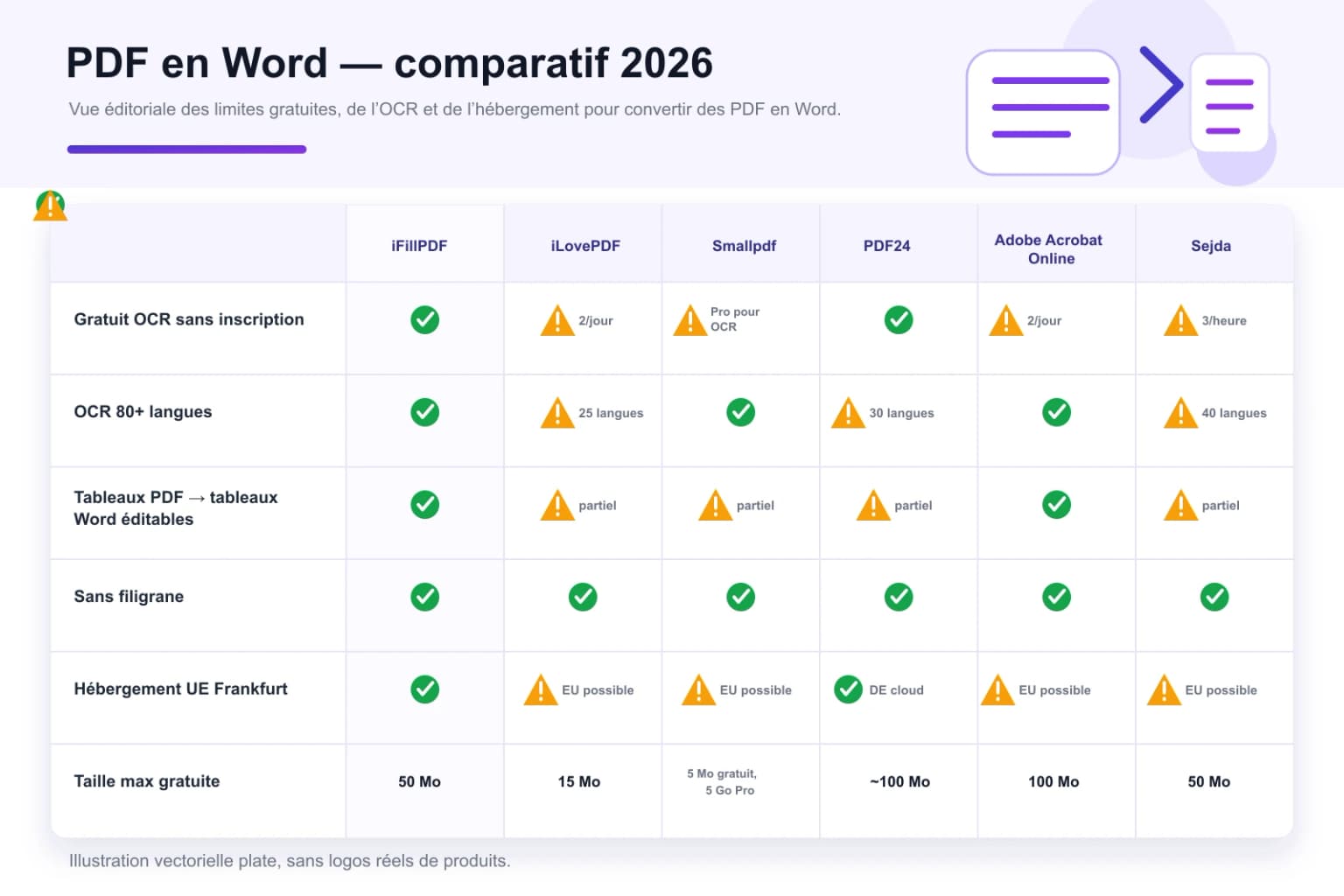 Tableau comparatif 2026 — iFillPDF vs iLovePDF, Smallpdf, PDF24, Adobe Acrobat Online, Sejda pour convertir PDF en Word : OCR 80 langues, tableaux éditables, sans filigrane, hébergement UE, taille max
