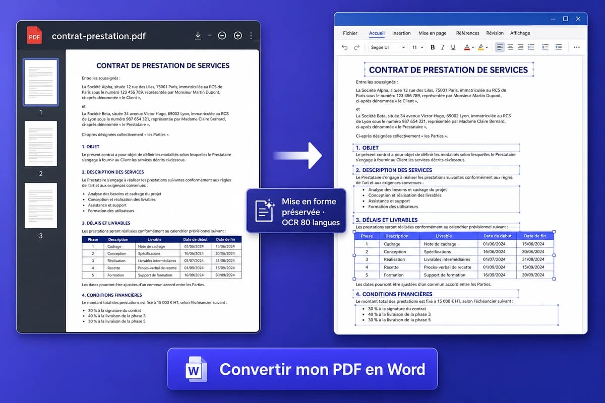 Interface iFillPDF de conversion PDF en Word : contrat-prestation.pdf converti en .docx avec tableaux éditables, polices et mise en forme préservés, OCR 80 langues