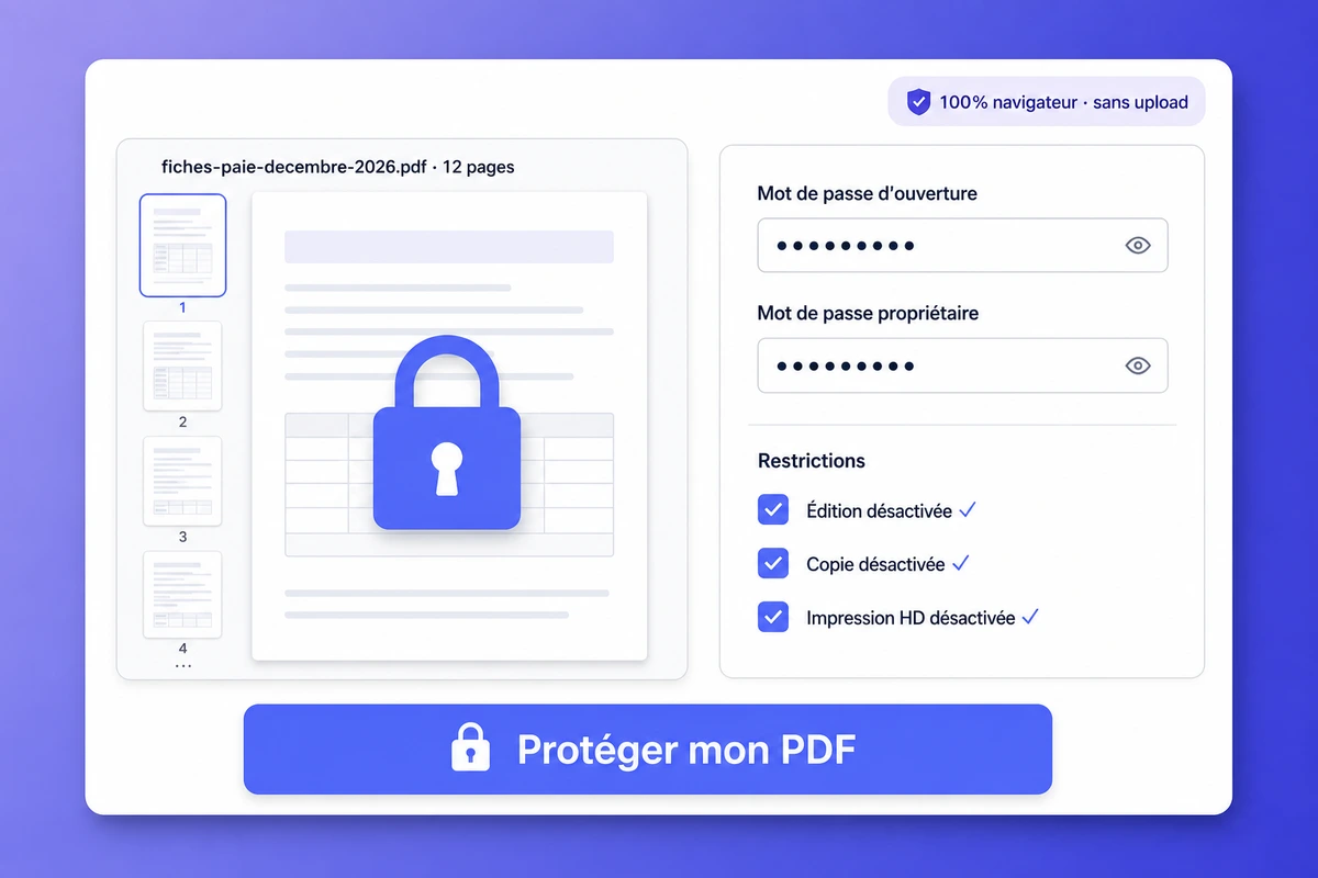 Interface iFillPDF de protection PDF par mot de passe : fiches-paie-decembre-2026.pdf chiffré avec double mot de passe (ouverture + propriétaire) et restrictions édition/copie/impression, badge 100% navigateur sans upload