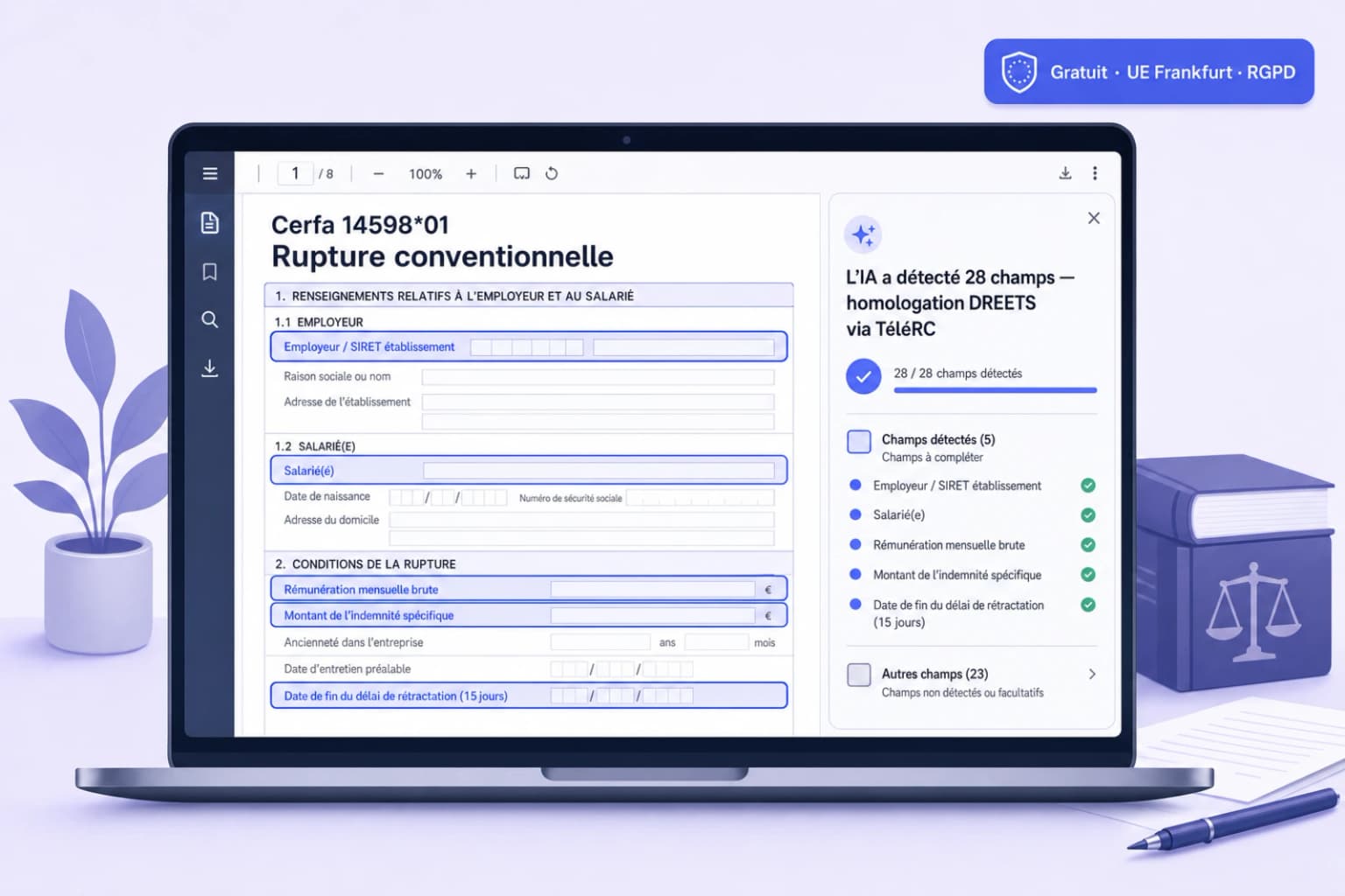 Remplir le Cerfa 14598*01 de rupture conventionnelle en ligne avec iFillPDF : champs auto-détectés par IA (SIRET, rémunération, indemnité, délai de rétractation 15 jours), homologation DREETS via TéléRC, gratuit et hébergé en UE