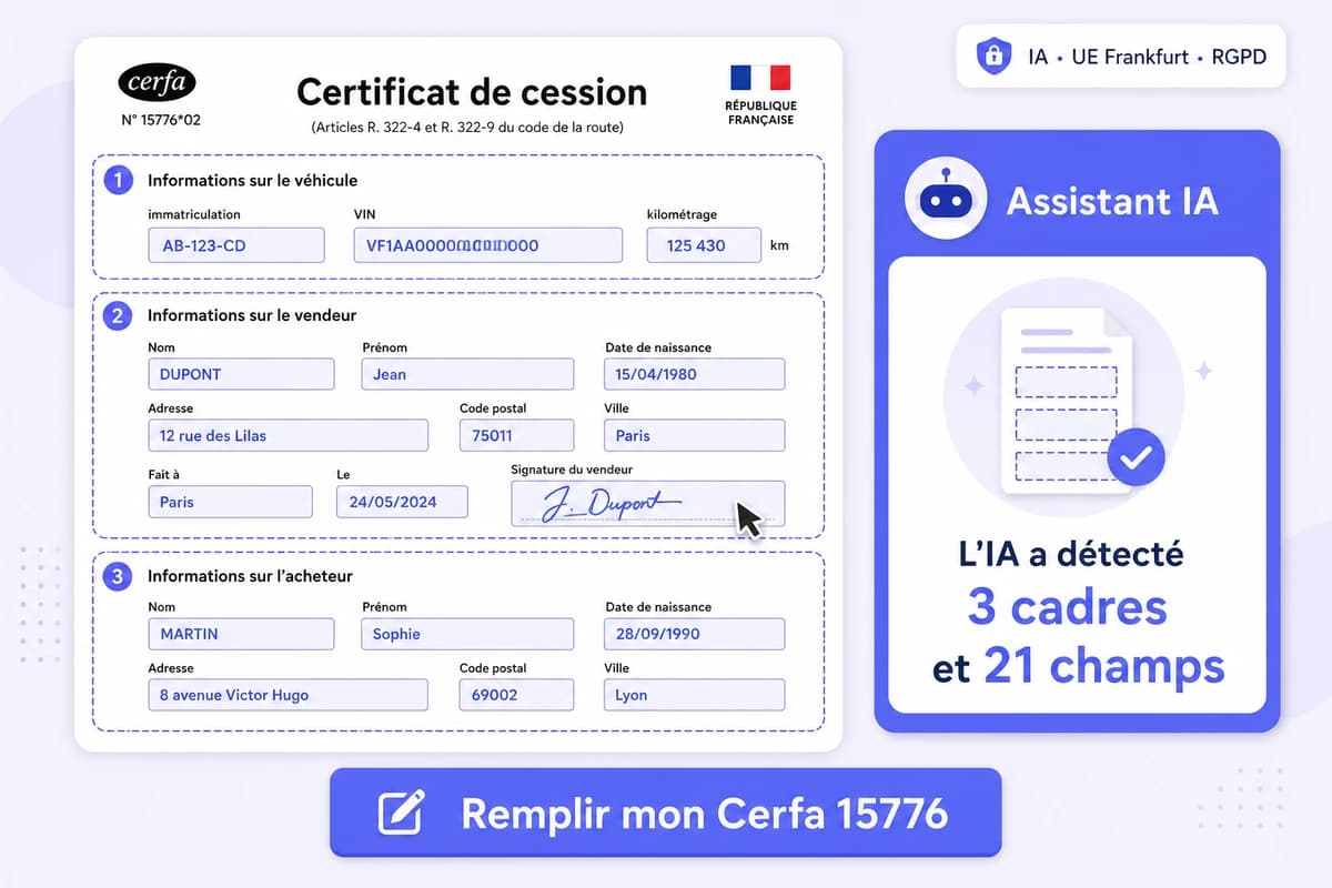 Interface iFillPDF de remplissage du Cerfa 15776 certificat de cession : trois cadres et 21 champs auto-détectés, signature du vendeur, badge UE Frankfurt RGPD, bouton Remplir mon Cerfa 15776