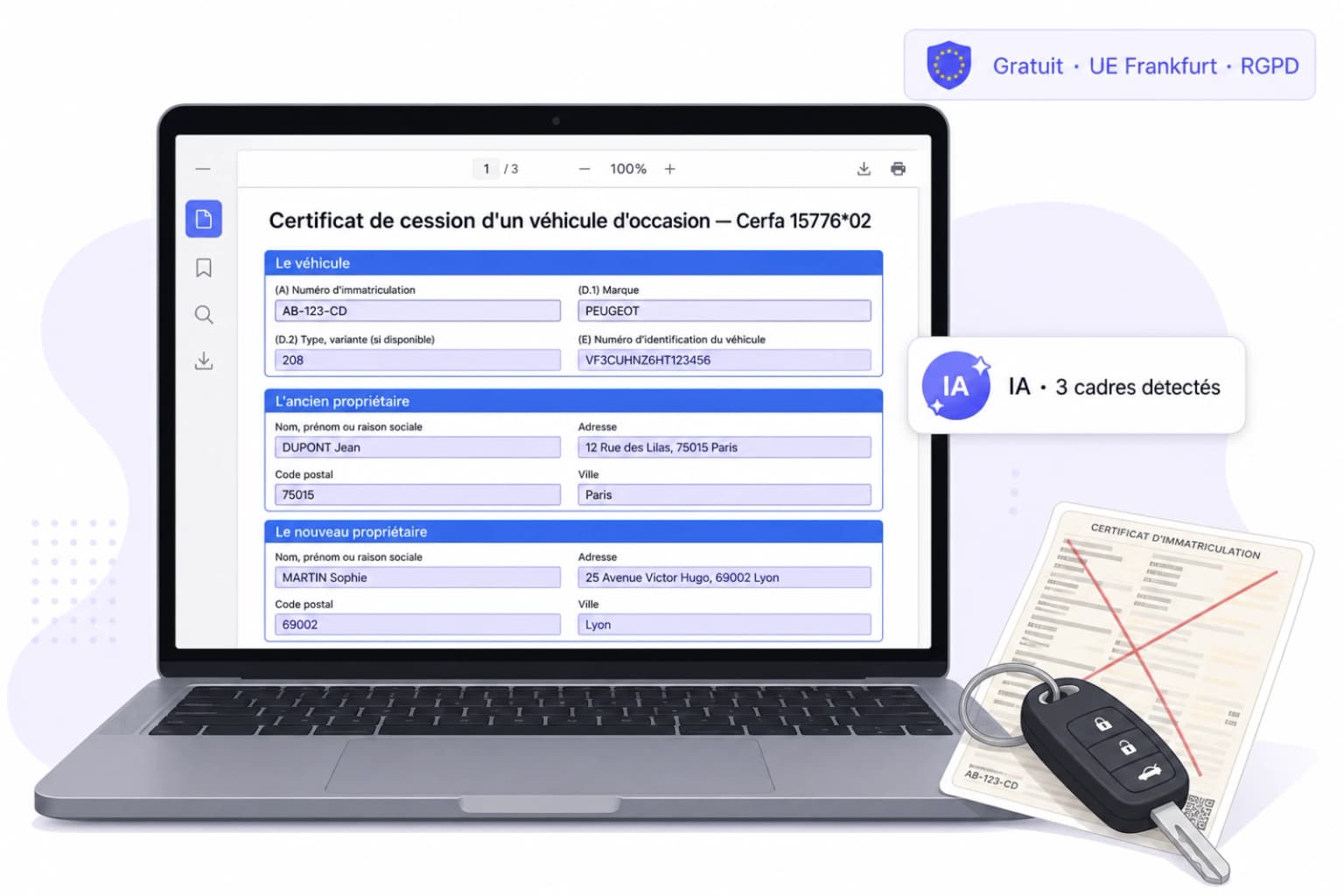 Remplir le Cerfa 15776*02 certificat de cession de véhicule en ligne avec iFillPDF : trois cadres véhicule, ancien propriétaire, nouveau propriétaire détectés par l'IA, badge UE Frankfurt RGPD