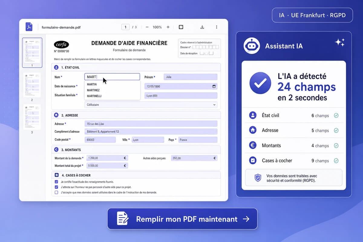 Interface iFillPDF de remplissage PDF par IA : formulaire Cerfa avec champs auto-détectés surlignés, panneau IA détection 24 champs en 2 secondes, badge UE Frankfurt RGPD