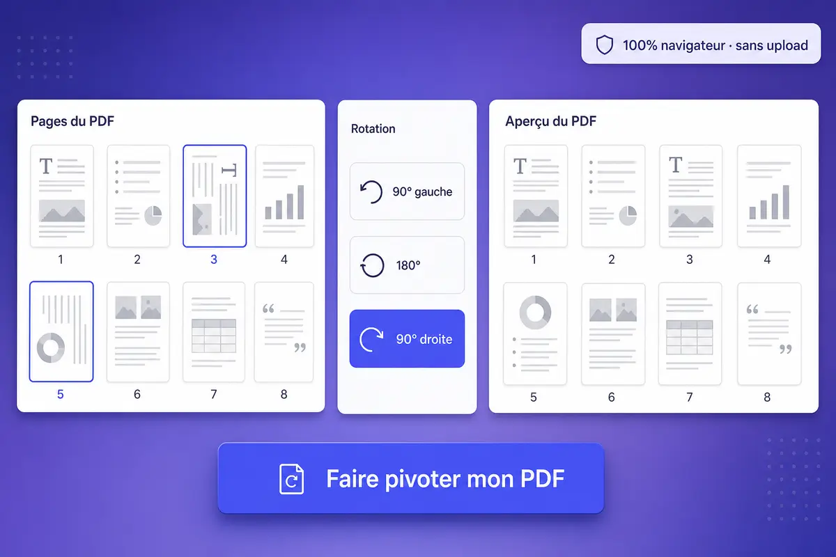 Interface iFillPDF de rotation PDF : grille de 8 pages avec sélection des pages 3 et 5 à pivoter 90° droite, aperçu du PDF résultat avec orientation corrigée, badge 100% navigateur sans upload