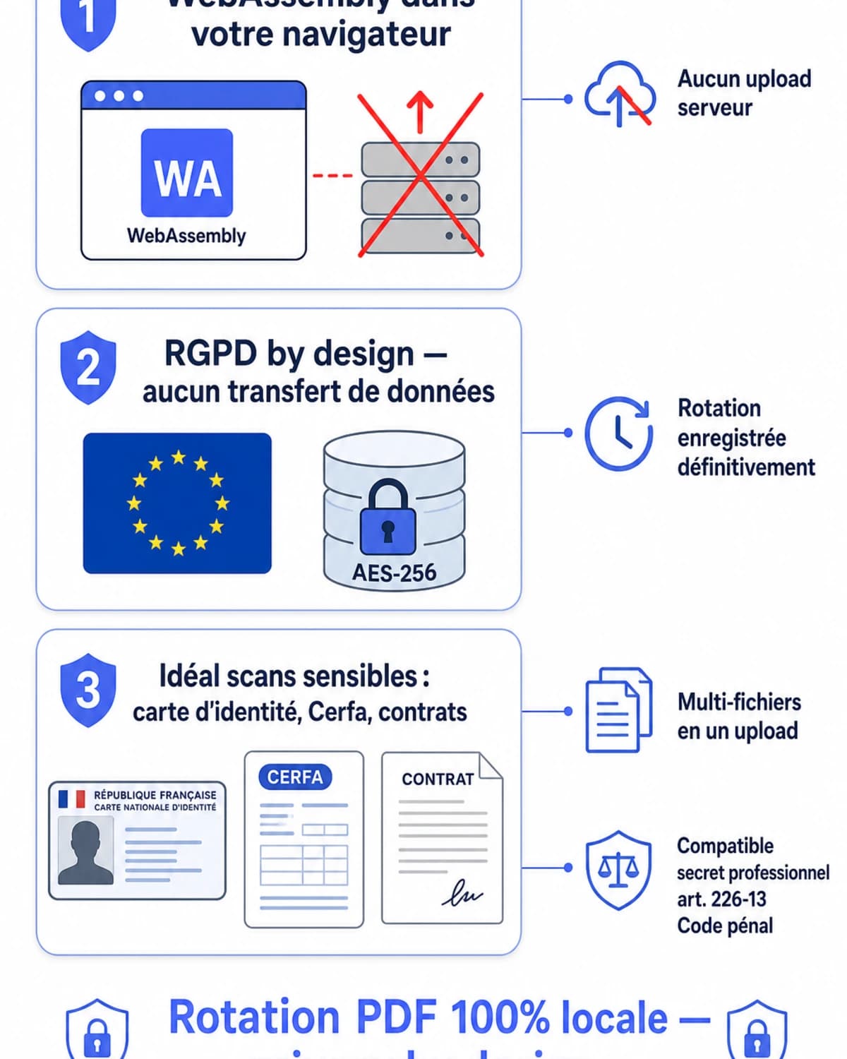 Infographie compliance iFillPDF Faire pivoter un PDF : WebAssembly 100% navigateur, aucun upload serveur, RGPD by design, idéal scans carte d'identité Cerfa contrats, secret professionnel art. 226-13 Code pénal