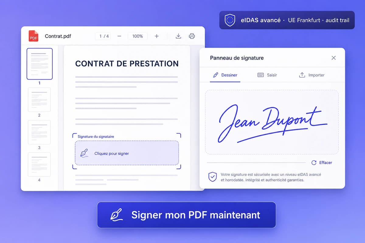 Interface iFillPDF de signature électronique : contrat de prestation avec champ signature surligné, pad signature multi-modes (dessiner doigt/Apple Pencil/S Pen, taper, importer image PNG SVG), aperçu audit trail PAdES SHA-256 horodatage qualifié RFC 3161, multi-signataires séquentiel, badge eIDAS avancé art. 26 Frankfurt eu-central-1 anti-Schrems II