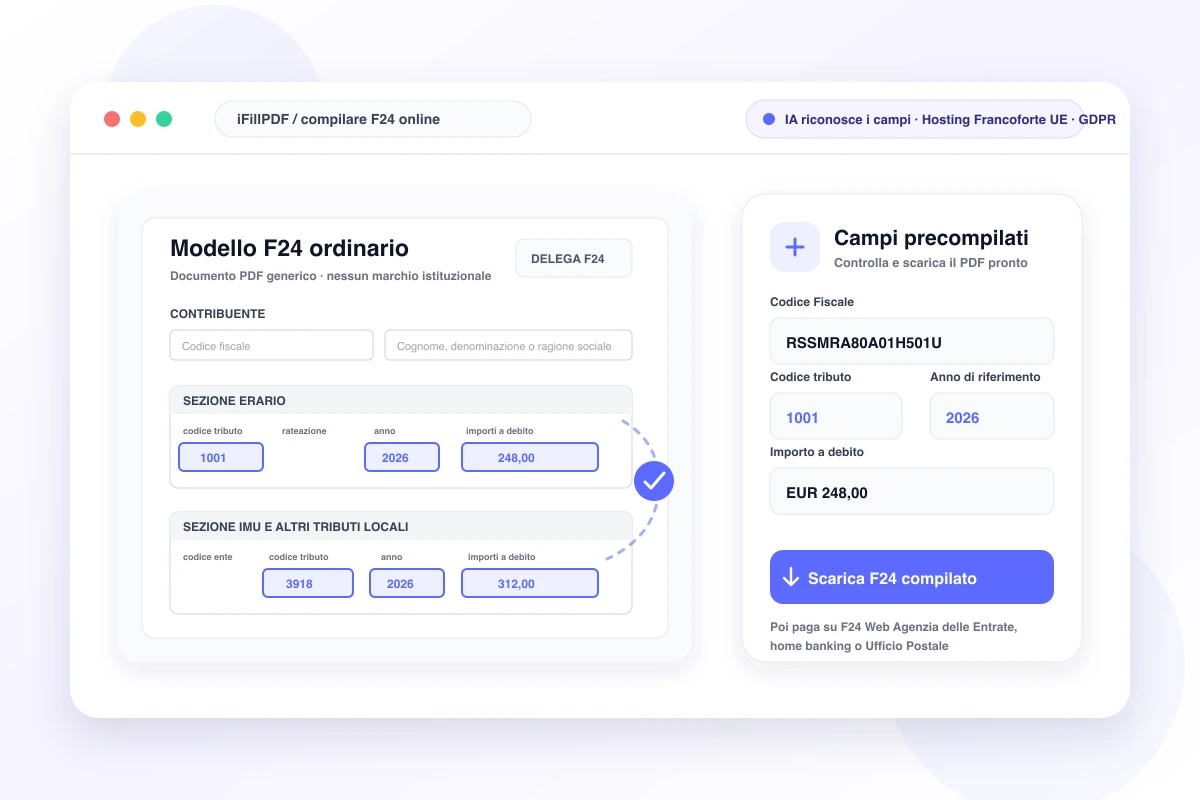 Interfaccia iFillPDF per compilare l'F24: modello F24 ordinario con sezioni Erario e IMU, campi codice tributo, anno e importo riconosciuti dall'IA in indigo, pannello laterale con dati precompilati e nota sul pagamento tramite F24 Web, home banking o Ufficio Postale