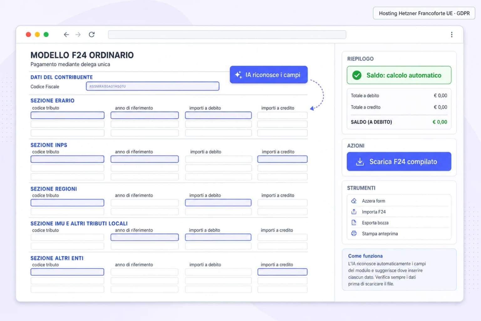 Interfaccia iFillPDF per compilare il modello F24 online: form con sezioni Erario, INPS, Regioni, IMU e tributi locali, Altri enti, campi codice tributo e importi riconosciuti automaticamente dall'IA in indigo, calcolo automatico del saldo, badge hosting UE Francoforte GDPR