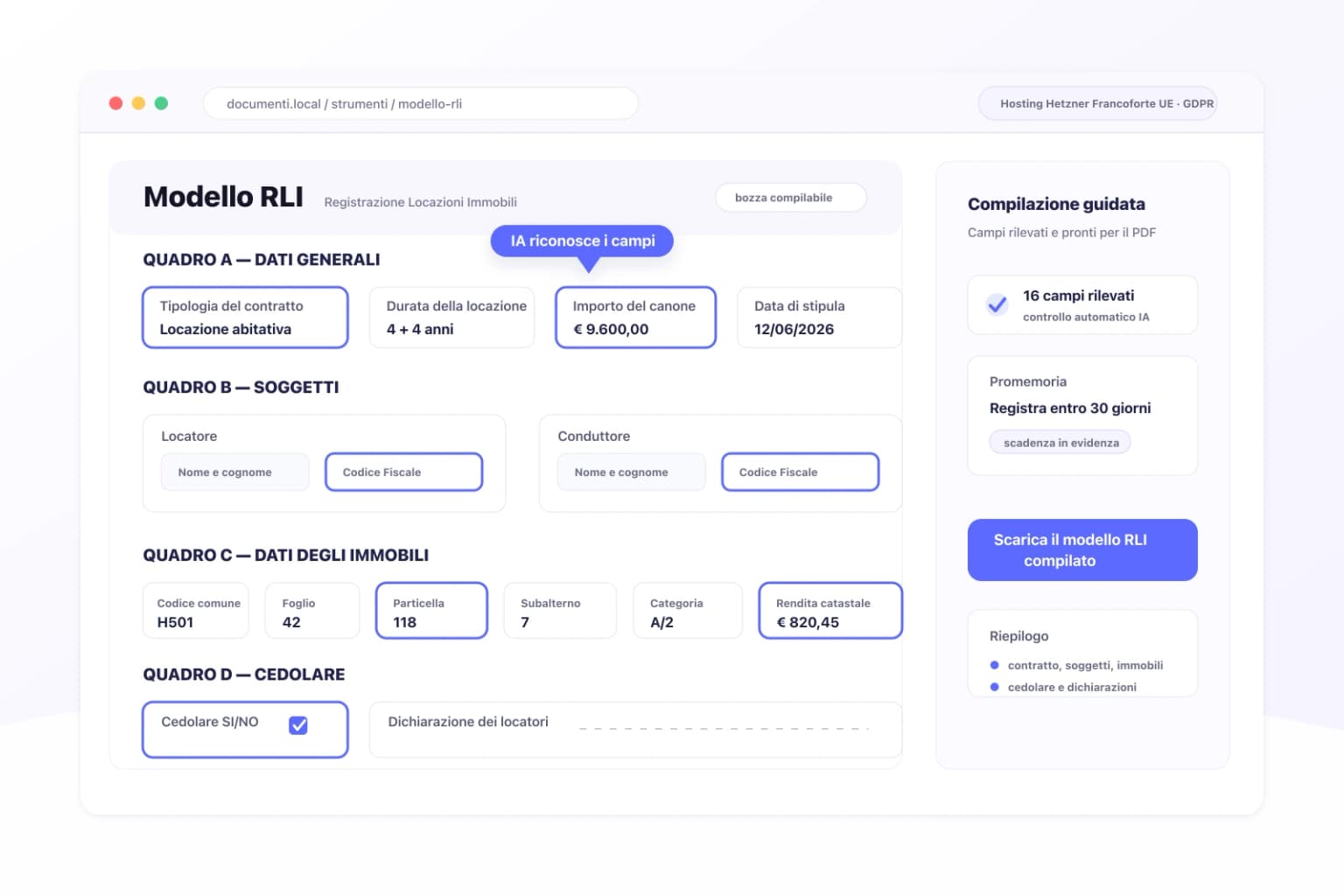 Interfaccia iFillPDF per compilare il modello RLI online: form con Quadro A Dati generali, Quadro B Soggetti, Quadro C Dati degli immobili e Quadro D Cedolare secca, campi tipologia contratto, codice fiscale e dati catastali riconosciuti automaticamente dall'IA in indigo, badge hosting UE Francoforte GDPR