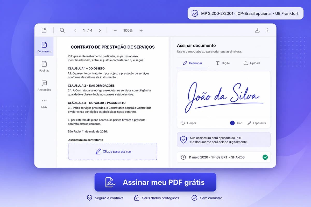 Interface iFillPDF assinar PDF: contrato brasileiro com campo assinatura destacado, pad de assinatura cursiva timestamp BRT SHA-256, badge MP 2.200-2/2001 ICP-Brasil UE Frankfurt