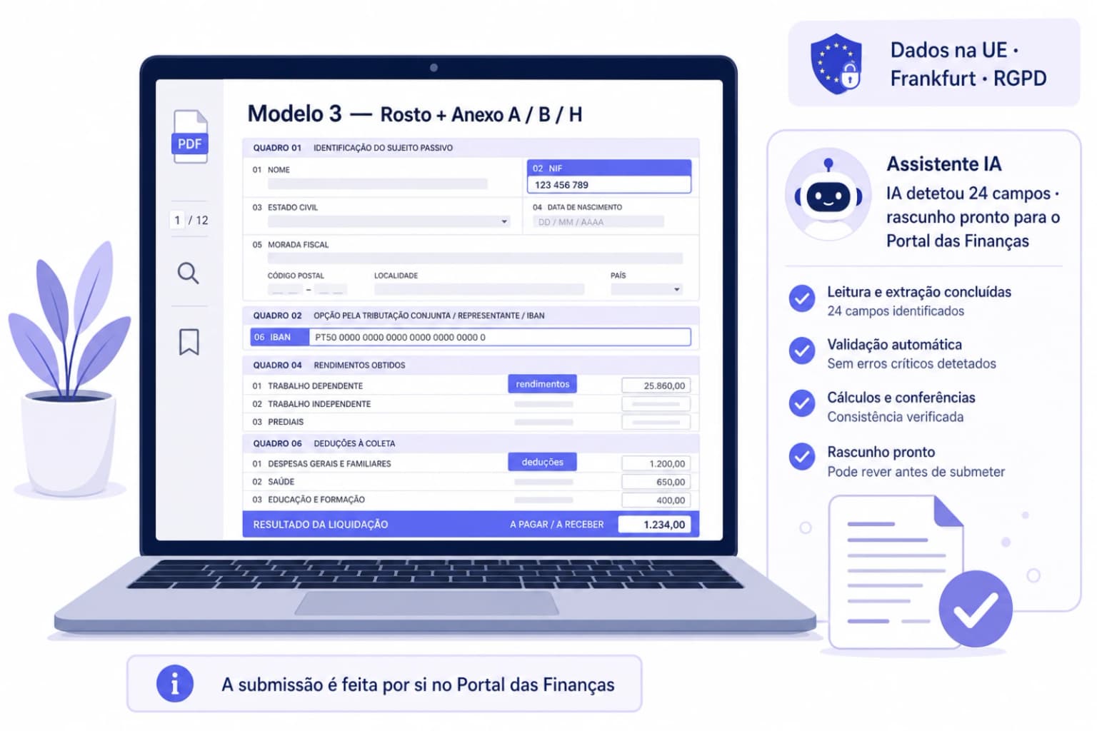 Preencher IRS Modelo 3 online no iFillPDF — formulário Rosto e anexos A, B, H com campos NIF, IBAN e deduções detetados por IA, rascunho pronto para o Portal das Finanças, dados na UE RGPD