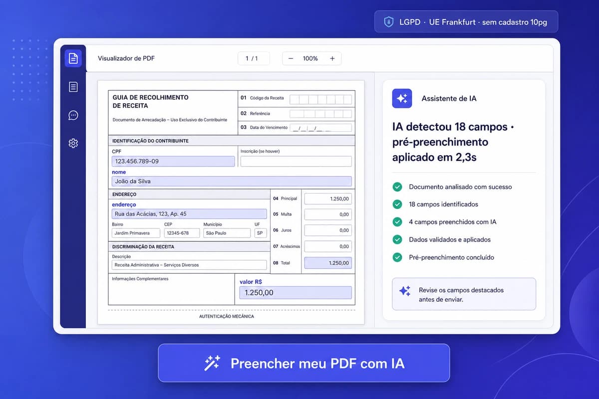 Interface iFillPDF preencher PDF: formulário brasileiro com campos CPF nome endereço destacados, sidebar IA detectou 18 campos pré-preenchimento 2.3s, badge LGPD UE Frankfurt