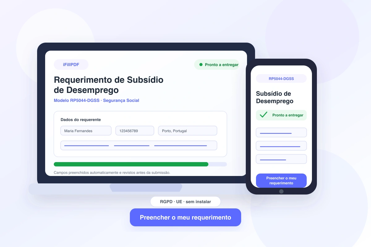 Mockup iFillPDF no portátil e no telemóvel com o requerimento de subsídio de desemprego pronto a entregar