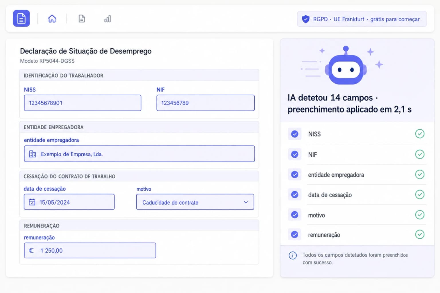 Interface iFillPDF a preencher o Modelo RP5044-DGSS com IA — campos NISS, NIF e motivo de cessação destacados