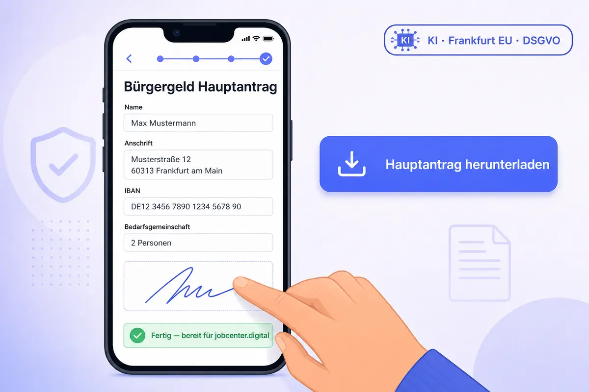 iFillPDF mobil: Bürgergeld Hauptantrag per Finger unterschreiben und als flachgepresstes PDF herunterladen, bereit für den Upload auf jobcenter.digital, Badge Frankfurt EU DSGVO