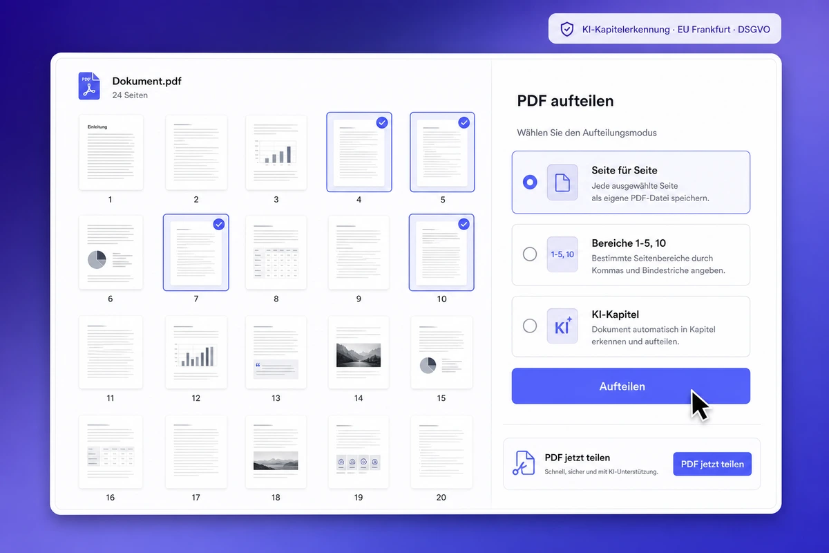 Mockup der iFillPDF Web-App zum PDF aufteilen mit Miniaturansicht, Bereichsauswahl, KI-Kapitelmodus und EU-Frankfurt-DSGVO-Badge im indigo-violetten Stil