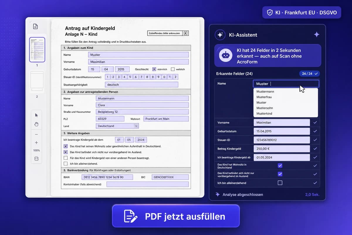 iFillPDF Web-App-Oberfläche zum PDF online ausfüllen: eingescannter deutscher Antrag mit KI-erkannten Feldern hervorgehoben, KI-Assistent erkennt 24 Felder in 2 Sekunden, Badge Frankfurt EU DSGVO