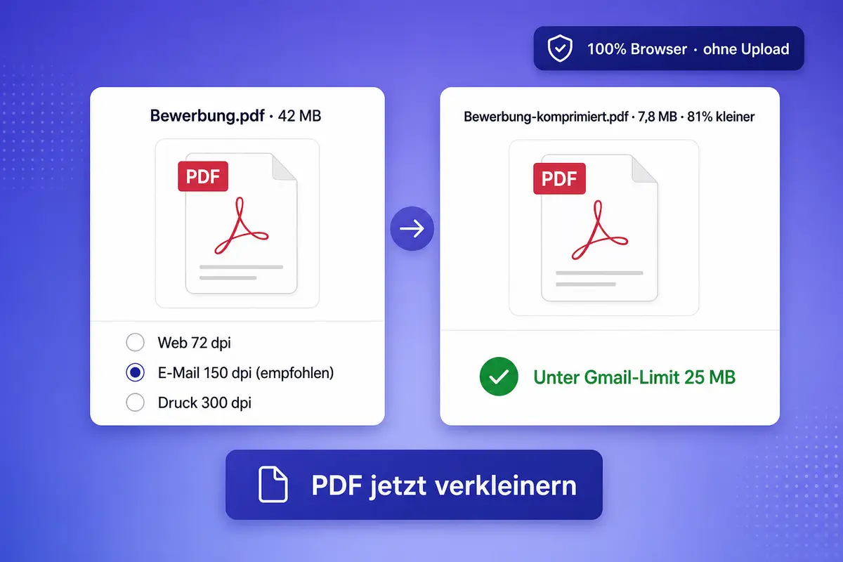 iFillPDF Web-App-Oberfläche zum PDF komprimieren: hochgeladenes Bewerbung.pdf 42 MB, drei Qualitätsstufen Web E-Mail Druck, Vorschau komprimierte Datei 7,8 MB 81% kleiner unter Gmail-Limit, Badge 100% Browser ohne Upload