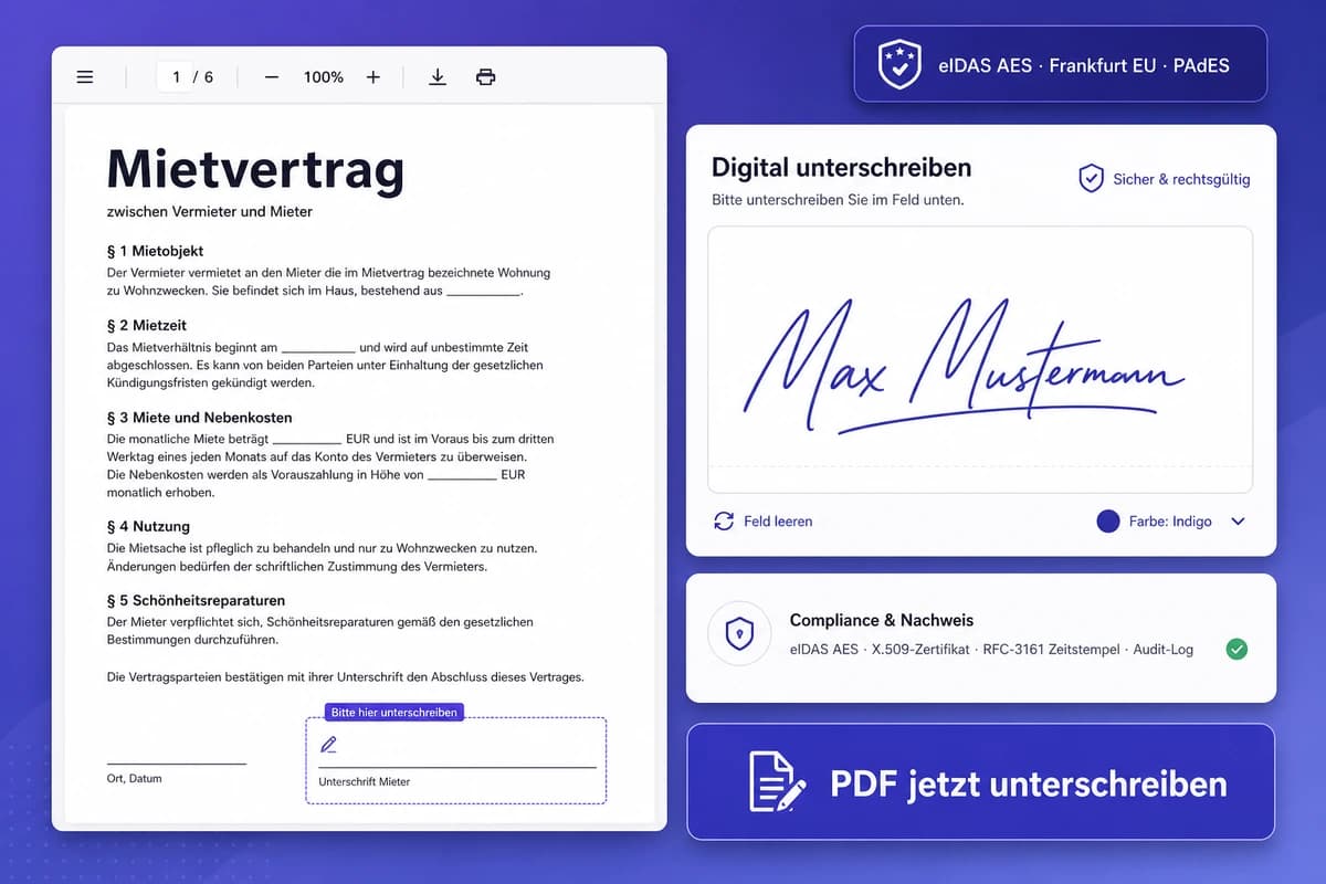 iFillPDF Web-App-Oberfläche zum PDF unterschreiben: deutscher Vertrag mit hervorgehobenem Signaturfeld, Signatur-Pad mit gezeichneter Unterschrift, Panel eIDAS AES X.509 RFC-3161 Audit-Log, Badge Frankfurt EU