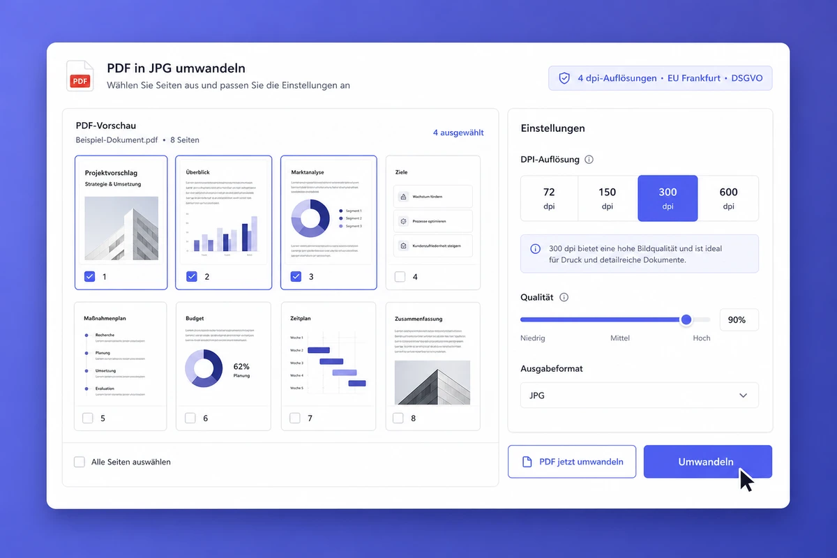 Mockup der iFillPDF Web-App zum Umwandeln von PDF in JPG mit Seitenauswahl, dpi-Selektor 72/150/300/600, Qualitätsregler und EU-Frankfurt-DSGVO-Badge im indigo-violetten Stil
