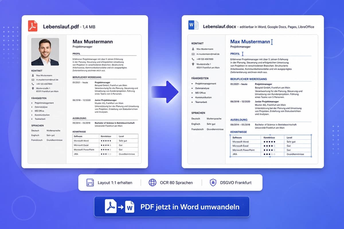 iFillPDF Web-App-Oberfläche PDF in Word umwandeln: Lebenslauf.pdf wird zu editierbarer Lebenslauf.docx konvertiert, Layout 1:1 erhalten mit Tabellen und Bild, kompatibel mit Word Google Docs Pages LibreOffice, OCR 80 Sprachen, DSGVO Frankfurt