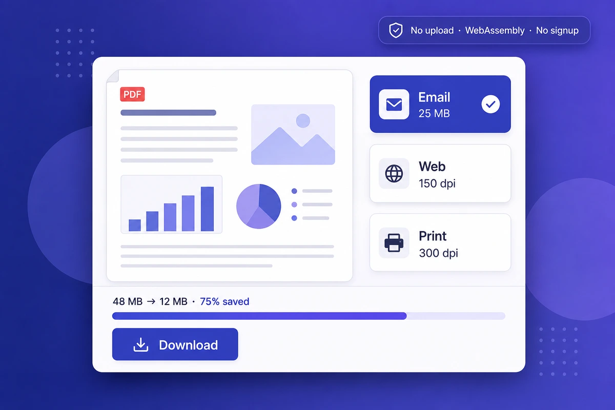 iFillPDF web app interface for compress PDF — preset selector with Email Gmail 25 MB, Web 150 DPI linearized, Print 300 DPI ICC options and 75% size reduction progress bar, JBIG2 + JPEG2000 applied, WebAssembly browser compression under ISO 32000-2:2020