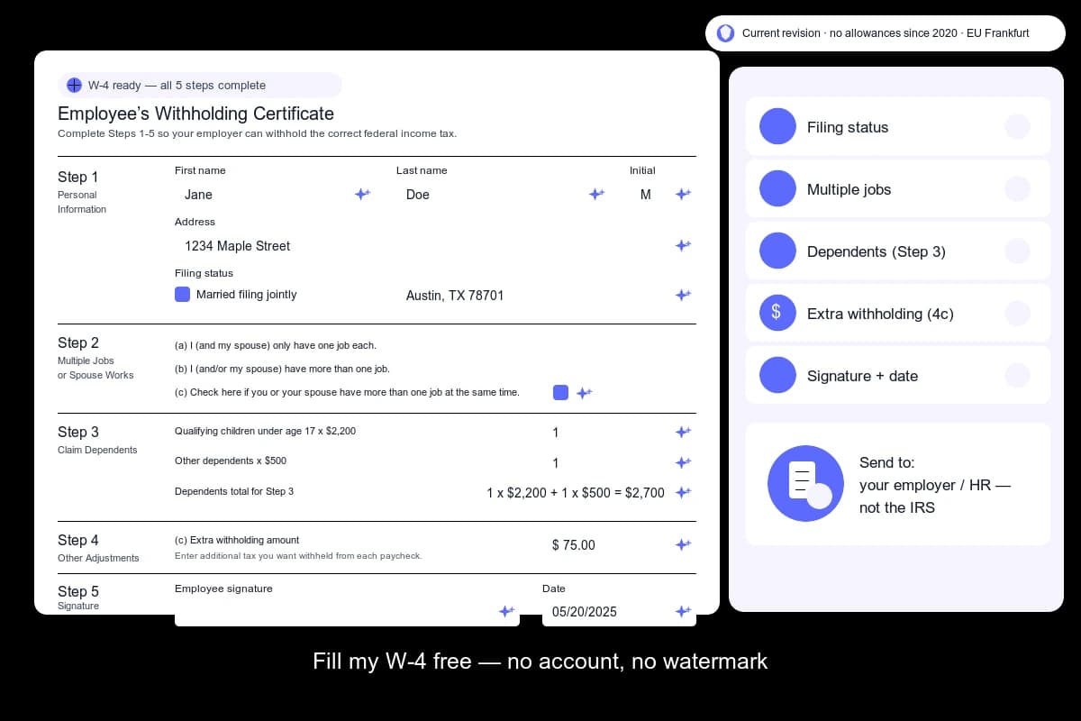 iFillPDF web app mockup for fill out a W-4 online — fillable IRS Form W-4 with Step 1 personal info and married filing jointly, Step 2 multiple jobs, Step 3 dependents $2,200 plus $500 math, Step 4c extra withholding and Step 5 drawn signature auto-detected, side panel checklist 'send to your employer not the IRS', no allowances since 2020 EU Frankfurt badges, CTA fill my W-4 free no account needed