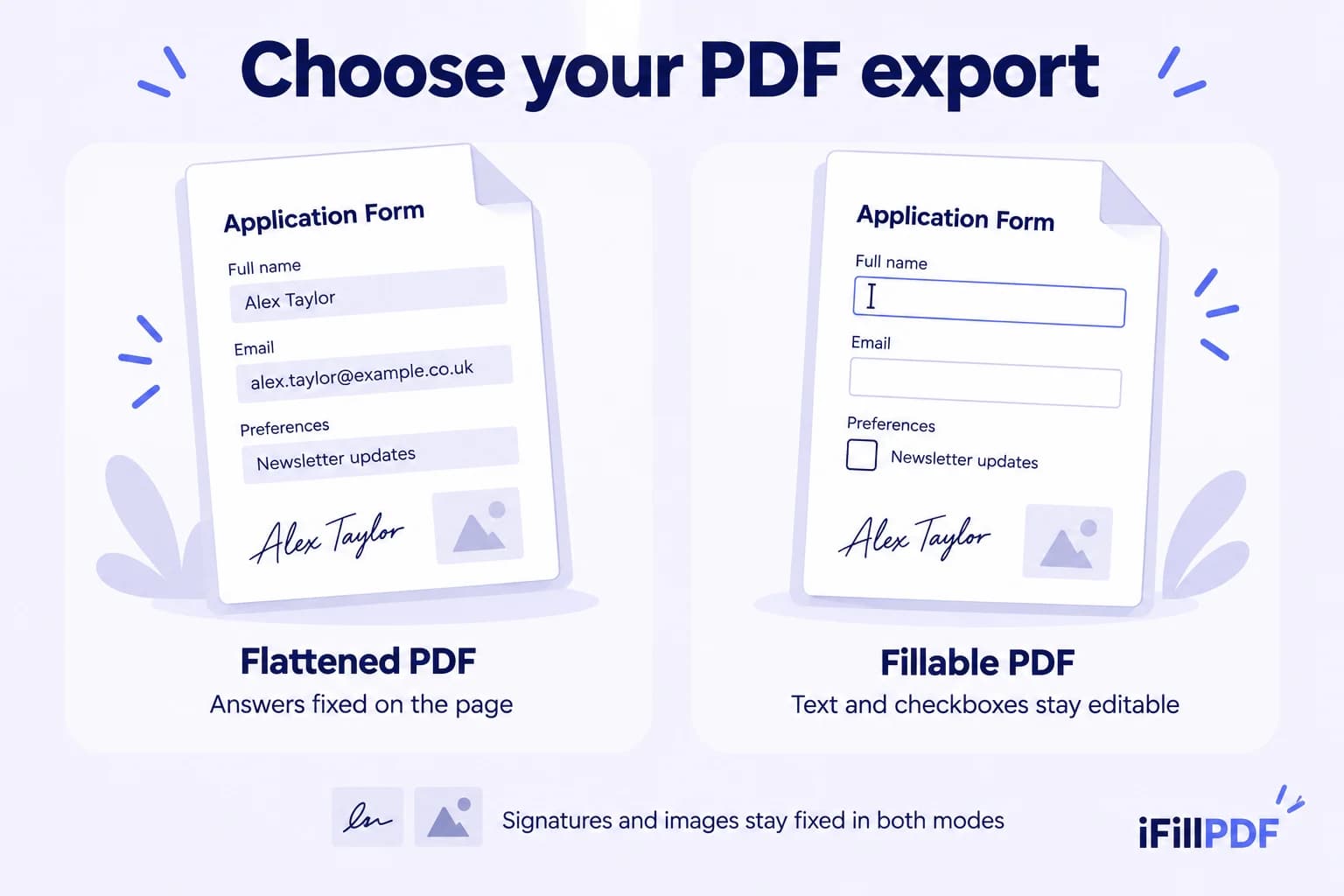 Flattened PDF with fixed answers beside a fillable PDF with editable text and checkboxes