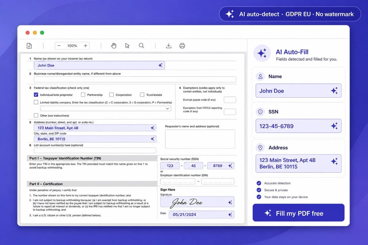iFillPDF web app interface mockup for fillable PDF online — IRS Form 1040 with 47 of 50 fields auto-detected in 612 ms by AI vision pass (text inputs checkboxes radio buttons dropdowns signature zone date picker), side panel with auto-filled name SSN address filing status, ISO 32000-2:2020 §12.7 AcroForm TADPF EU Frankfurt no Adobe ID badges, CTA Fill my PDF free 3 pages for life no card